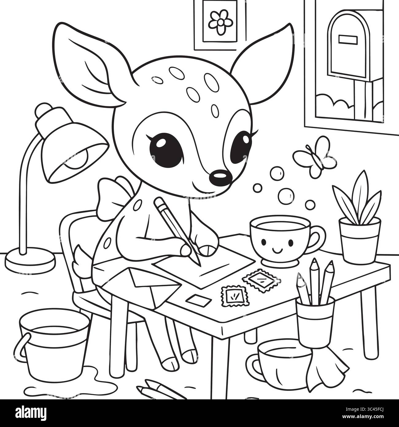 Cerf mignon écrivant une lettre avec du thé et des plantes autour de la page à colorier. Illustration de Vecteur