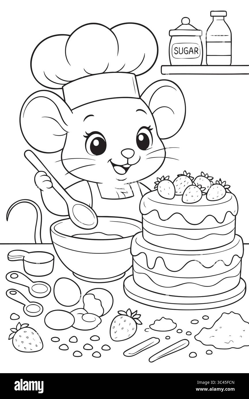 Souris mignonne faisant cuire un gâteau dans la page de coloration de la cuisine. Illustration de Vecteur Souris mignonne faisant cuire un gâteau dans la page de coloration de la cuisine. Illustration de Vecteur