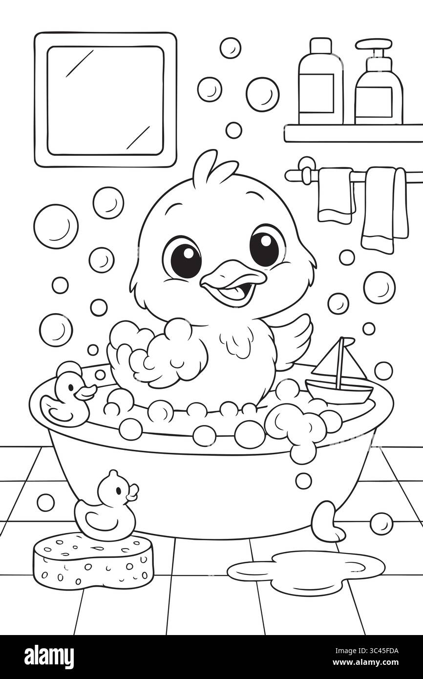 Bébé canard prenant un bain moussant avec des jouets et des bouteilles de savon coloriage page. Illustration de Vecteur