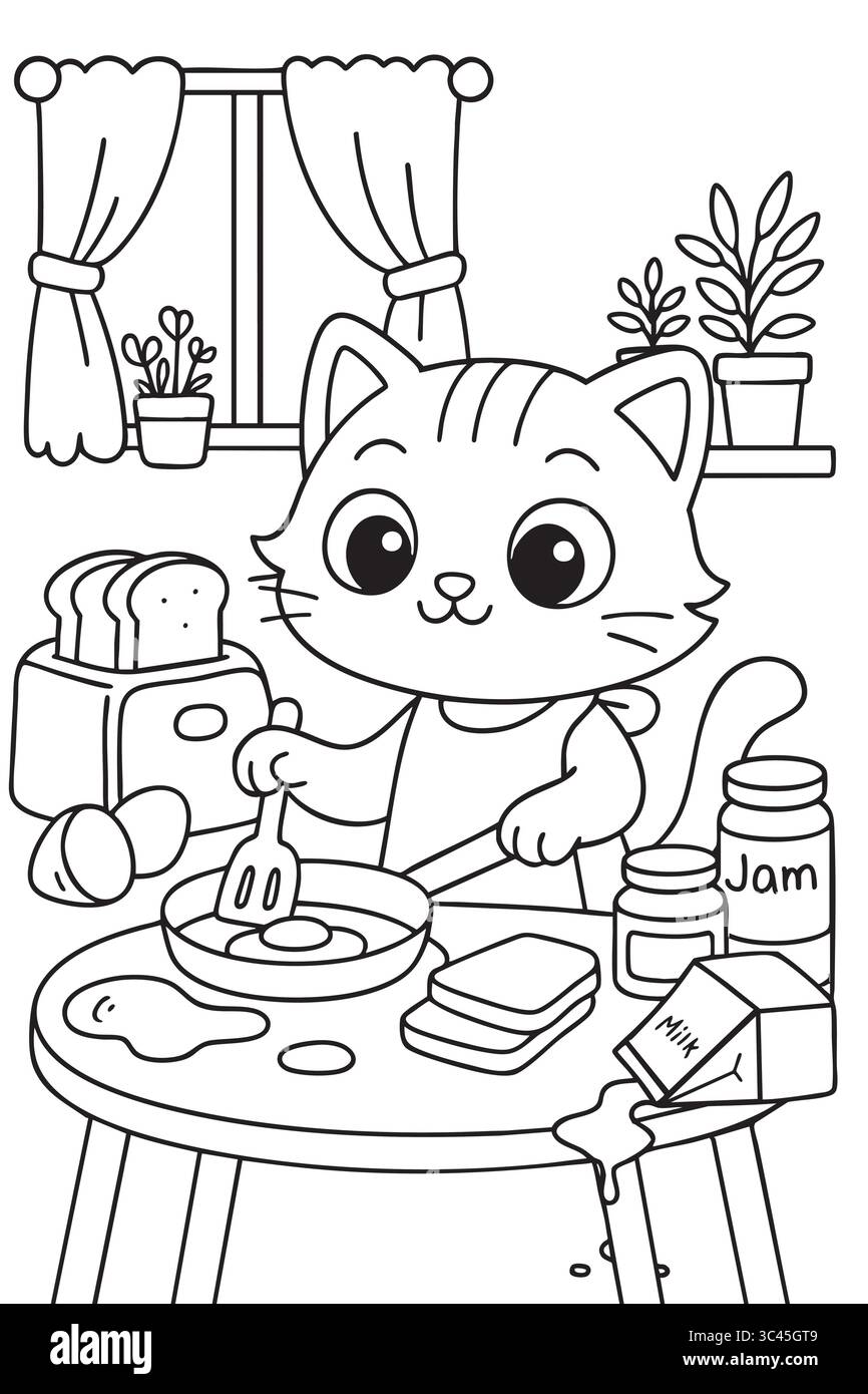 Petit déjeuner Cute Kitten Cooking dans Cozy Kitchen. Illustration de Vecteur