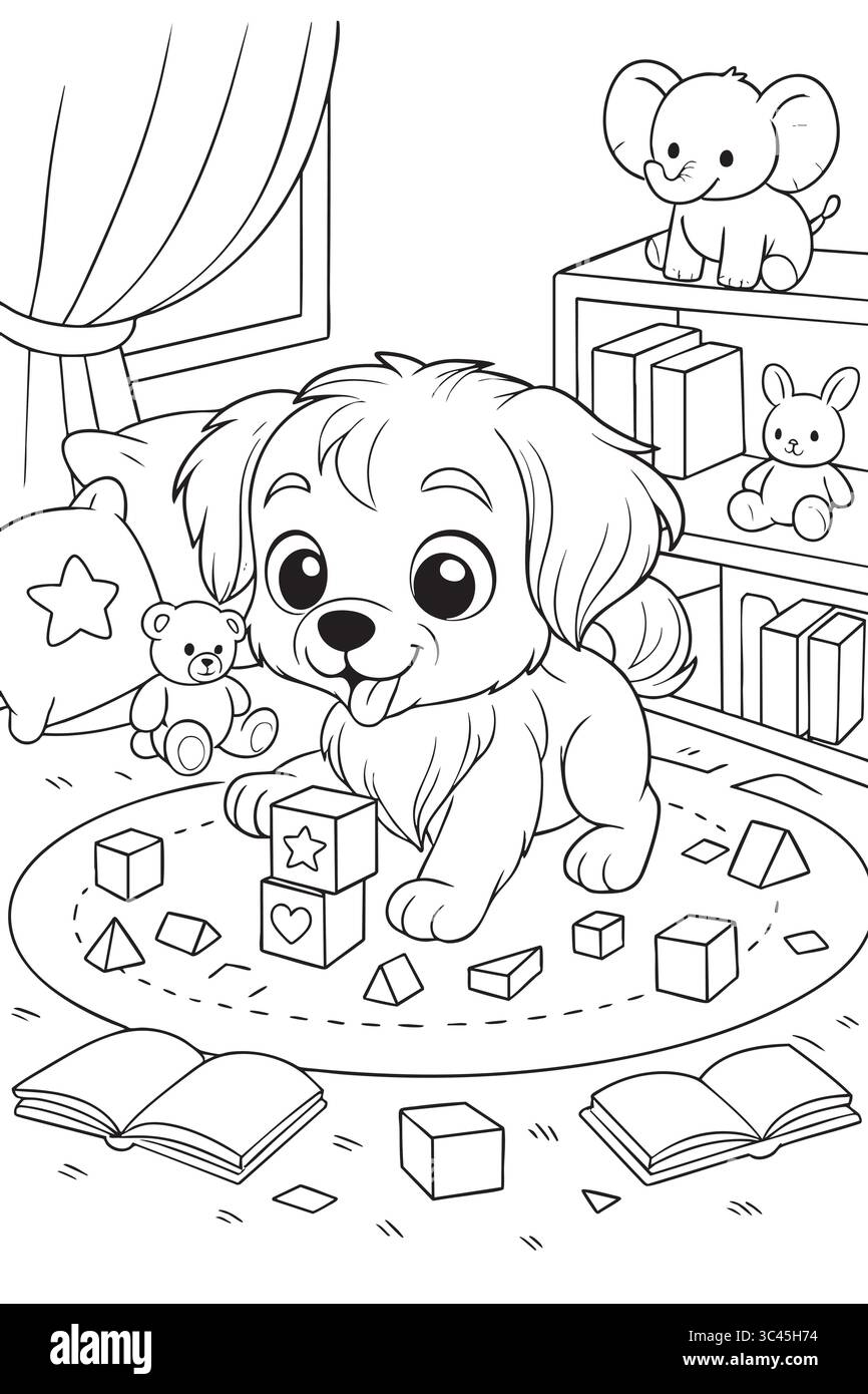 Happy Puppy jouant avec des jouets dans Cozy Room. Illustration de Vecteur