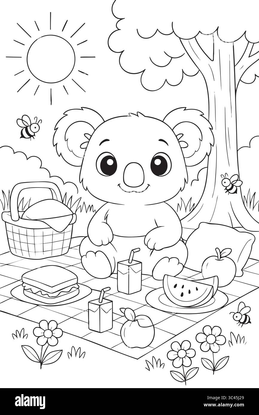 Mignon koala ayant pique-nique dans le parc ensoleillé. Illustration de Vecteur