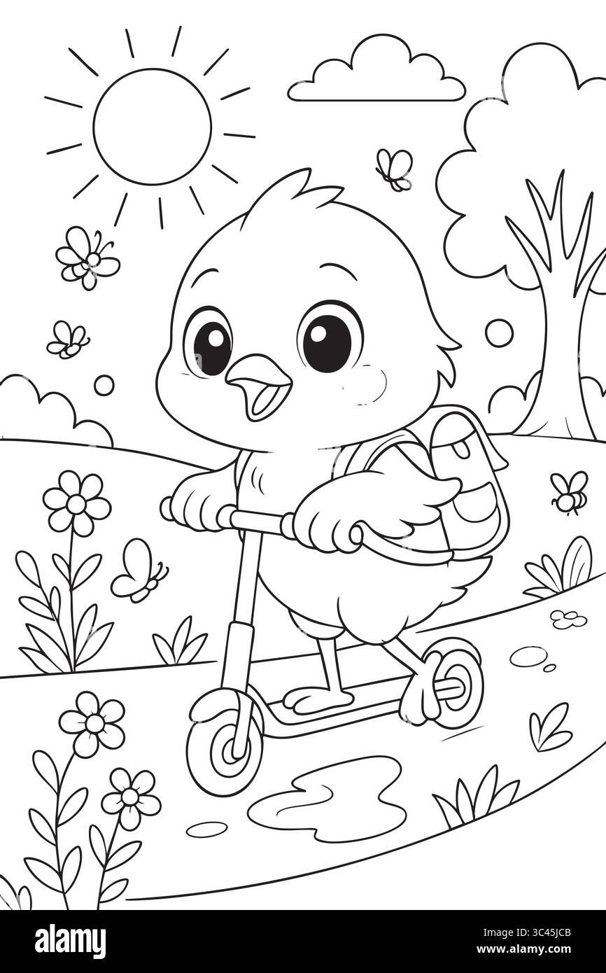 Scooter mignon d'équitation de poussins le jour ensoleillé Illustration de Vecteur