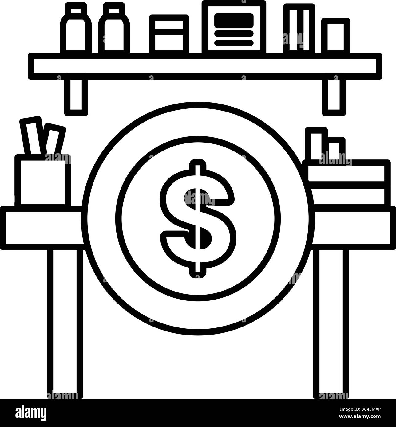 Un signe de dollar est sur une table avec un billet de dollar. La table est encombrée de divers articles tels que des livres, des stylos et une bouteille Illustration de Vecteur