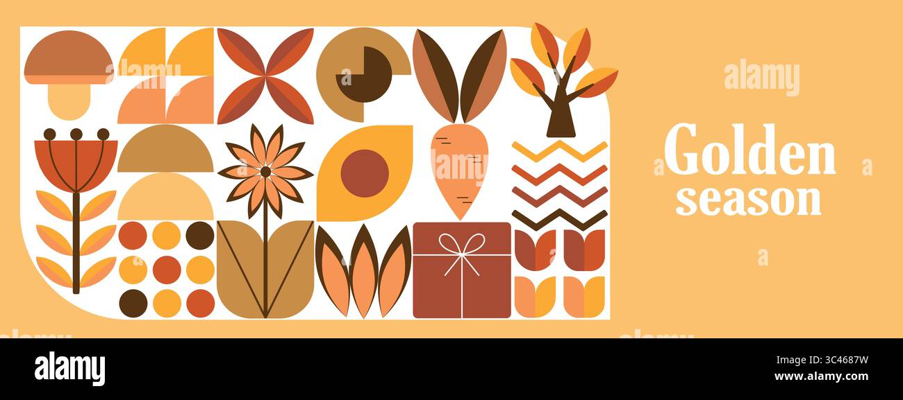 Collage géométrique de récolte automnale des vibrations d'automne. Bannières avec des éléments d'automne dans le style Bauhaus. Conception d'affiche d'automne. Illustration de Vecteur