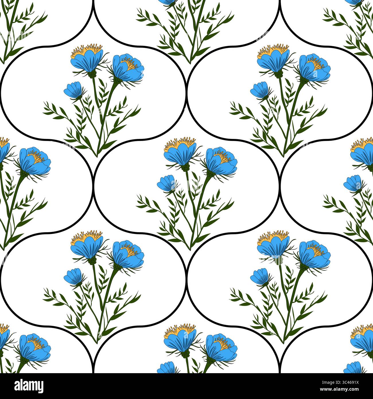 Un motif floral sans couture vectoriel avec des fleurs bleues avec des centres jaunes et des feuilles vertes, disposées en formes d'ogée sur un fond blanc. Illustration de Vecteur