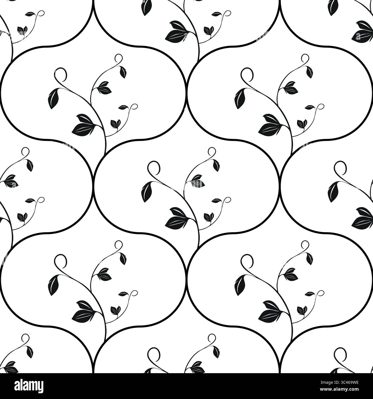 Un motif vectoriel sans couture avec des vignes noires délicates avec des feuilles sur un fond blanc en formes d'ogée. Le design est élégant et moderne, approprié Illustration de Vecteur