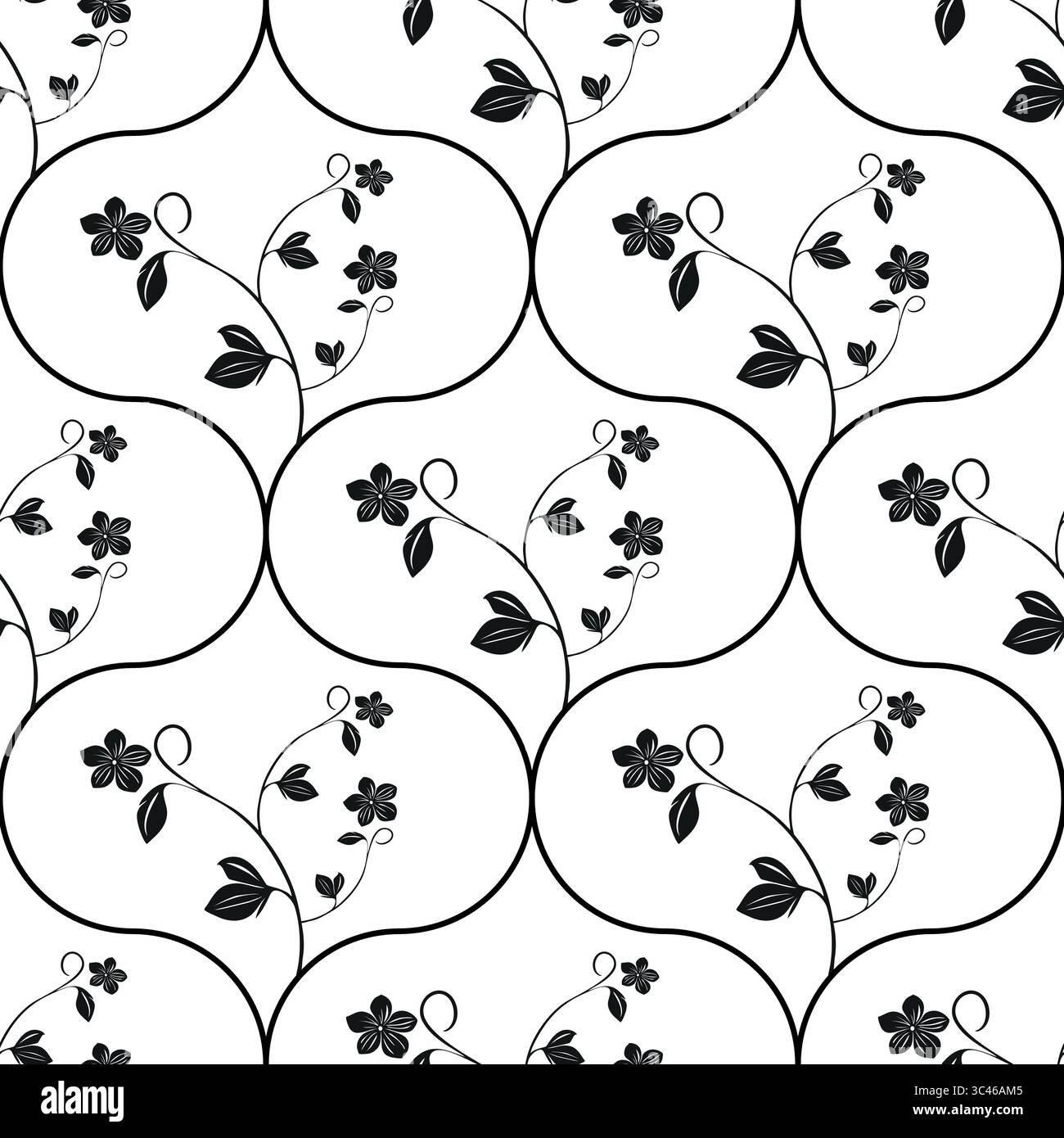 Un motif floral noir et blanc sans couture vectoriel avec des fleurs délicates et des feuilles entrelacées en formes de ogée. Illustration de Vecteur