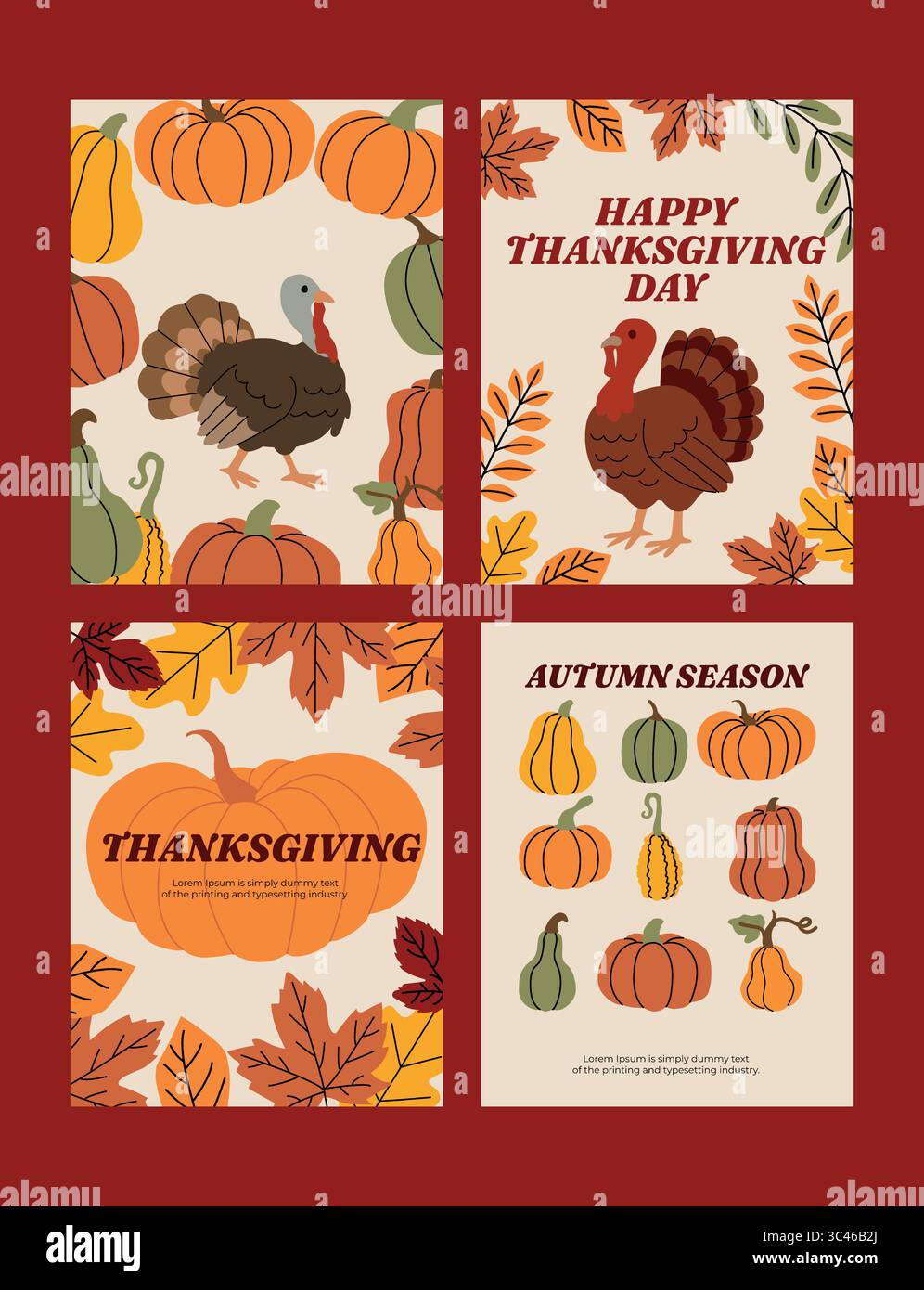 Ensemble d'illustrations plates sur le thème de l'automne et de Thanksgiving avec des dindes, des citrouilles, des feuilles et du texte saisonnier. Couleurs terreuses chaudes, parfaites pour Illustration de Vecteur