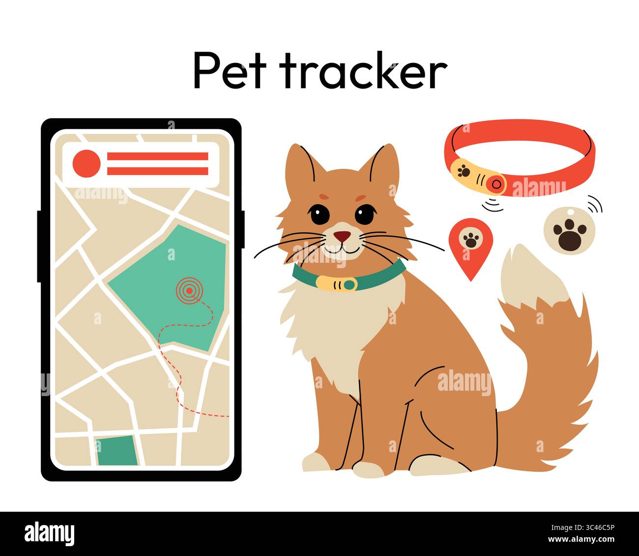Système de suivi d'animaux de compagnie avec un chat moelleux portant un collier intelligent, une application de suivi GPS sur un smartphone et des icônes de localisation. solutions de sécurité pour animaux de compagnie, idéales Illustration de Vecteur