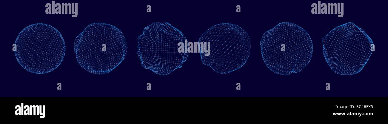 Sphère 3D. Globe numérique à points. Matrice globale abstraite filaire ou motif de particules maillées. Orbe de fil du monde. Structure de balle minimale. Planète ORB. Modèle à bulle. Figures amorphes. Jeu de formes rondes vectorielles Illustration de Vecteur