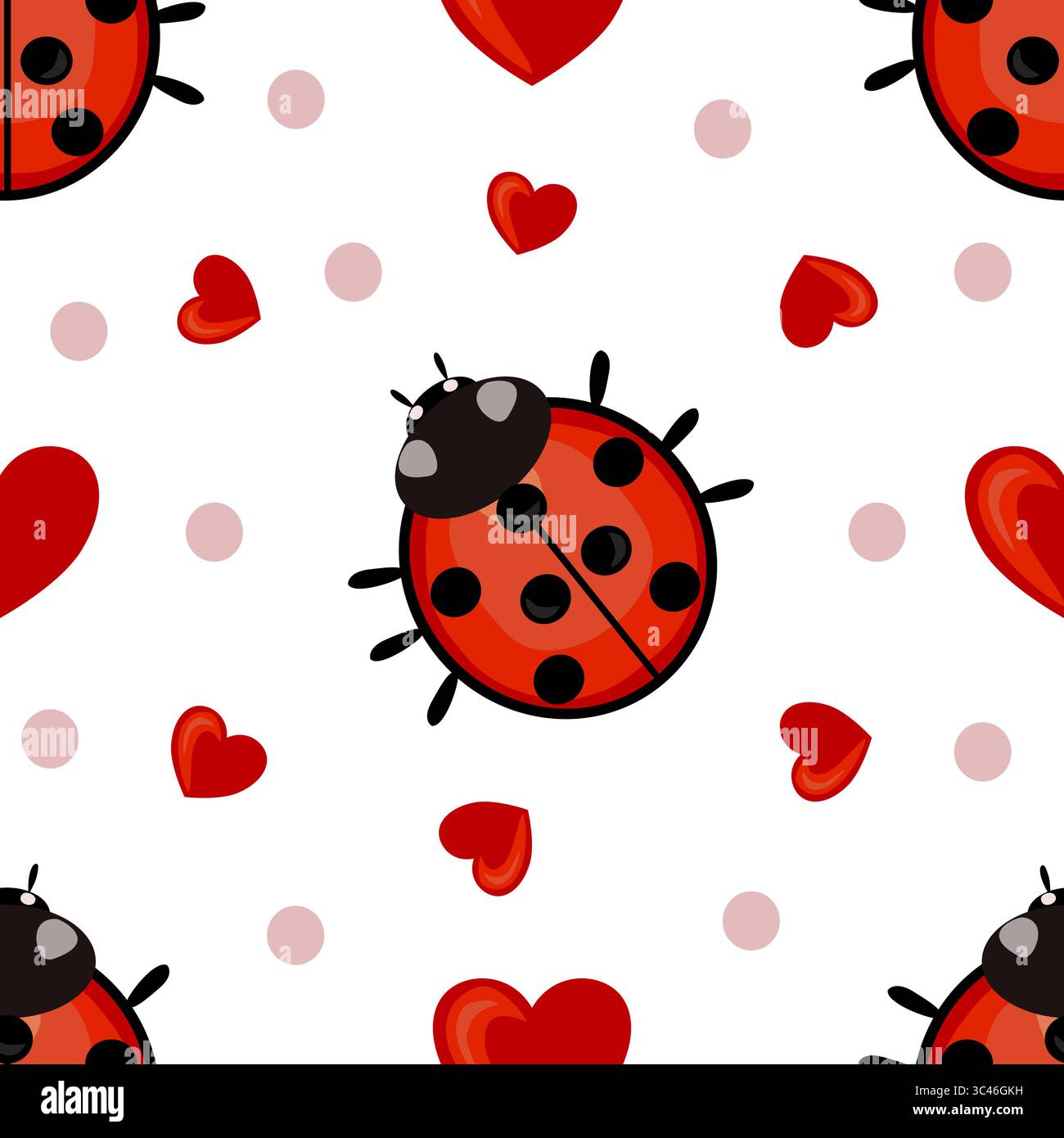 Un motif vectoriel sans couture avec des coccinelles et des coeurs mignons sur un fond blanc. Les coccinelles sont rouges avec des taches noires, et les coeurs, intercalés Illustration de Vecteur
