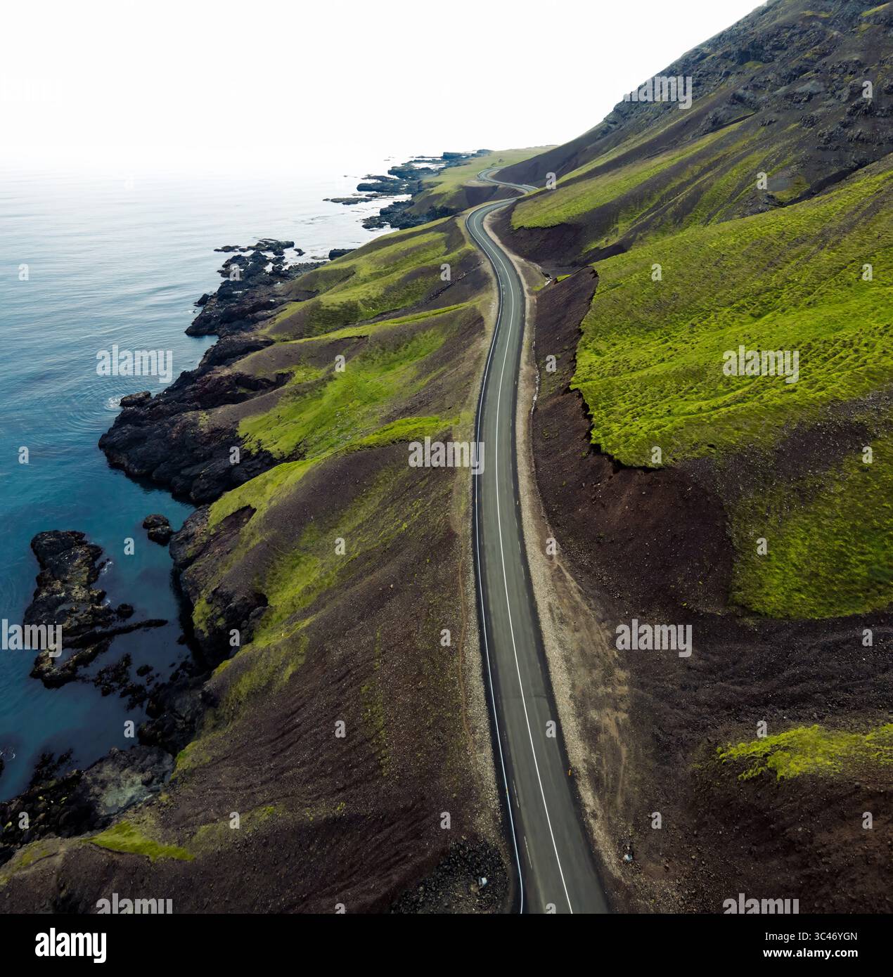 Vue aérienne d'une route sinueuse serpente le long de la côte accidentée où la roche volcanique sombre rencontre des pentes vertes vibrantes et la mer bleue sereine, Bakkagerð Banque D'Images