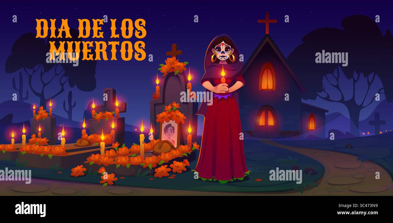 Fête mexicaine du cimetière mort Dia de Los Muertos cérémonie de vacances. Scène nocturne de vecteur de dessin animé avec autel traditionnel, bougies, fleurs et femme en robe rouge et visage de crâne peint tenant la bougie Illustration de Vecteur