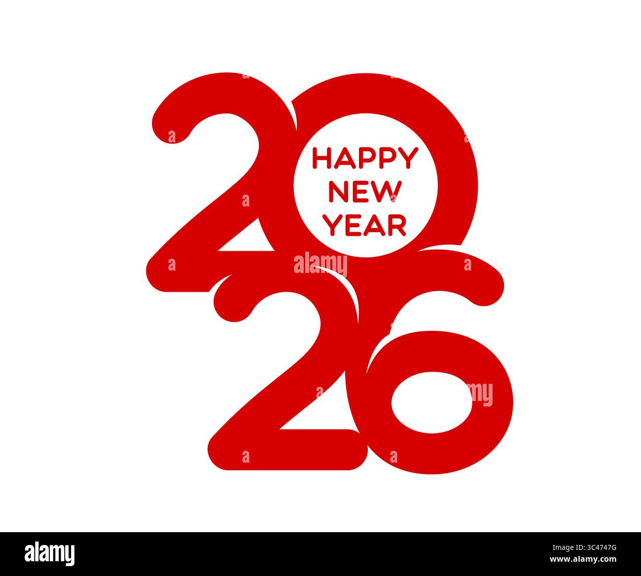 Bonne année 2026 icône. Vœux de vacances vectoriels, numéro de calendrier avec des chiffres rouges en gras et typographie ronde à l'intérieur de zéro. Chiffres et message joyeux pour les célébrations festales et les promotions festives Illustration de Vecteur