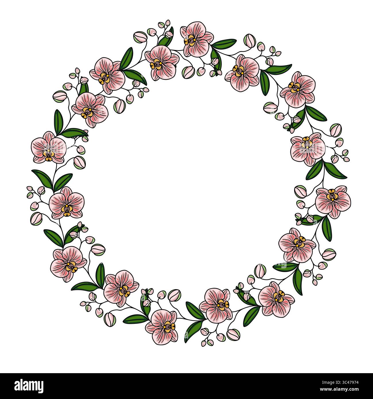 Couronne circulaire fleurie ornée de fleurs roses et de feuilles vertes, avec petits bourgeons et fleurs. L'arrangement est symétrique et décoratif, Illustration de Vecteur