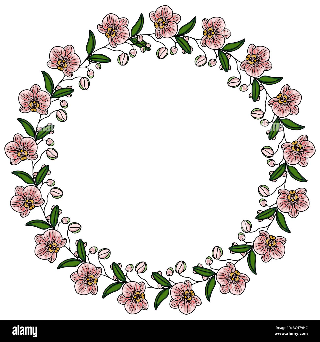 Un cadre floral circulaire orné d'orchidées roses et de feuilles vertes, idéal pour les invitations ou à des fins décoratives. Illustration de Vecteur