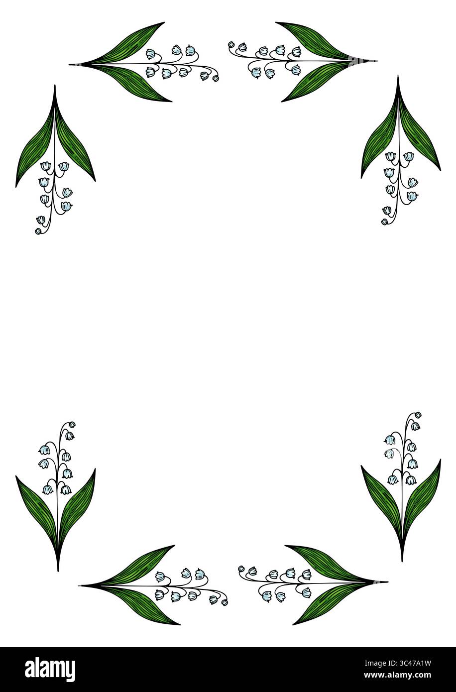 Une bordure florale décorative ornée de feuilles vertes et de délicates fleurs blanches, créant un design semblable à un cadre adapté aux invitations ou à la papeterie. Illustration de Vecteur