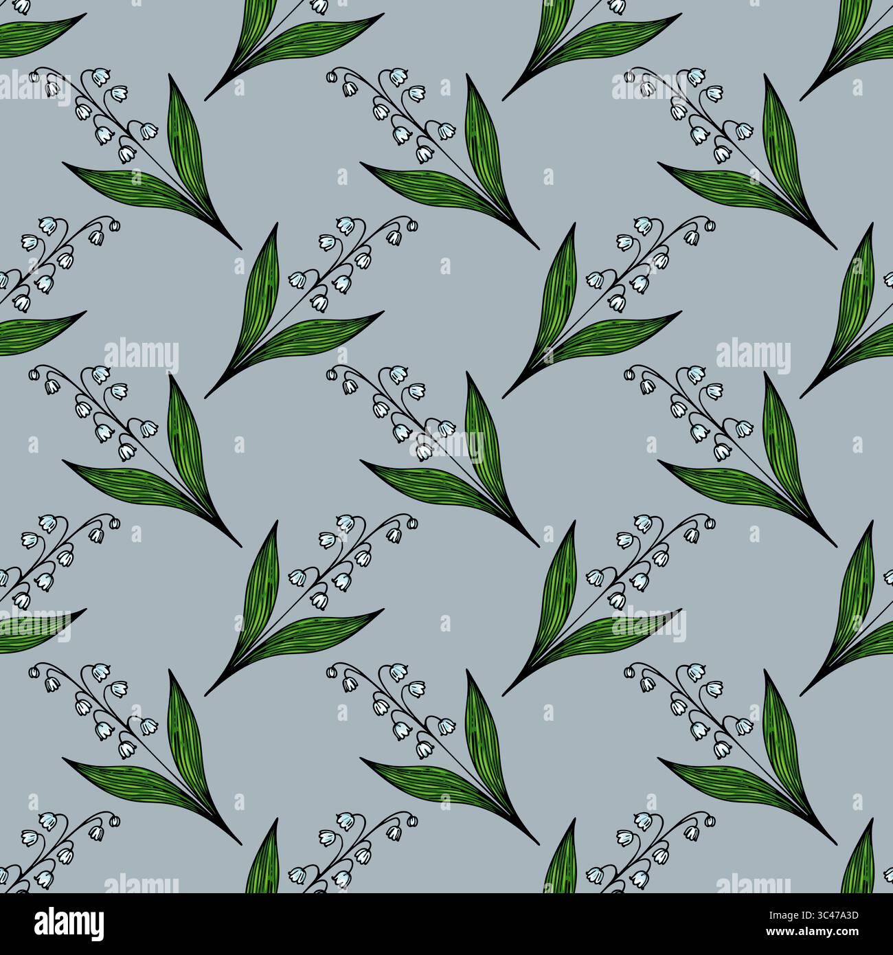 Un motif vectoriel sans couture avec des fleurs délicates de lis de la vallée avec des feuilles vertes sur un fond bleu doux. Illustration de Vecteur