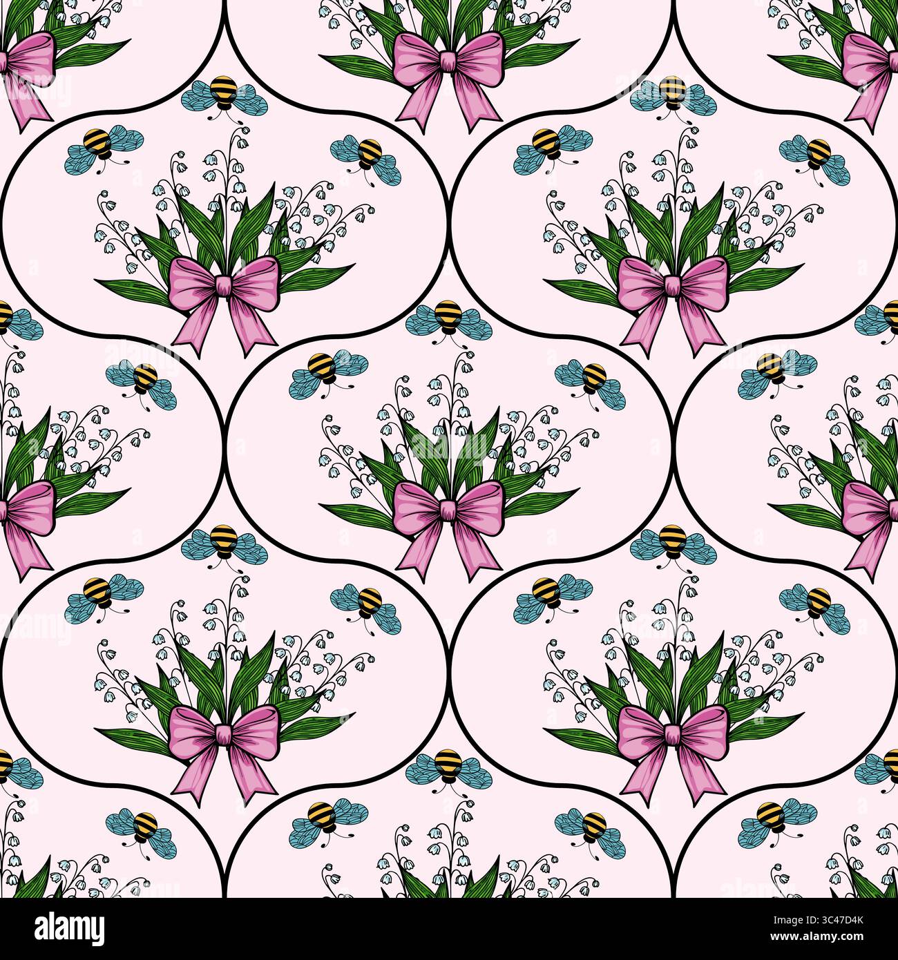 Un motif répétitif avec des bouquets de fleurs noués avec des noeuds roses, entourés de petits papillons bleus et d'abeilles, serrés contre un backgro rose clair Illustration de Vecteur