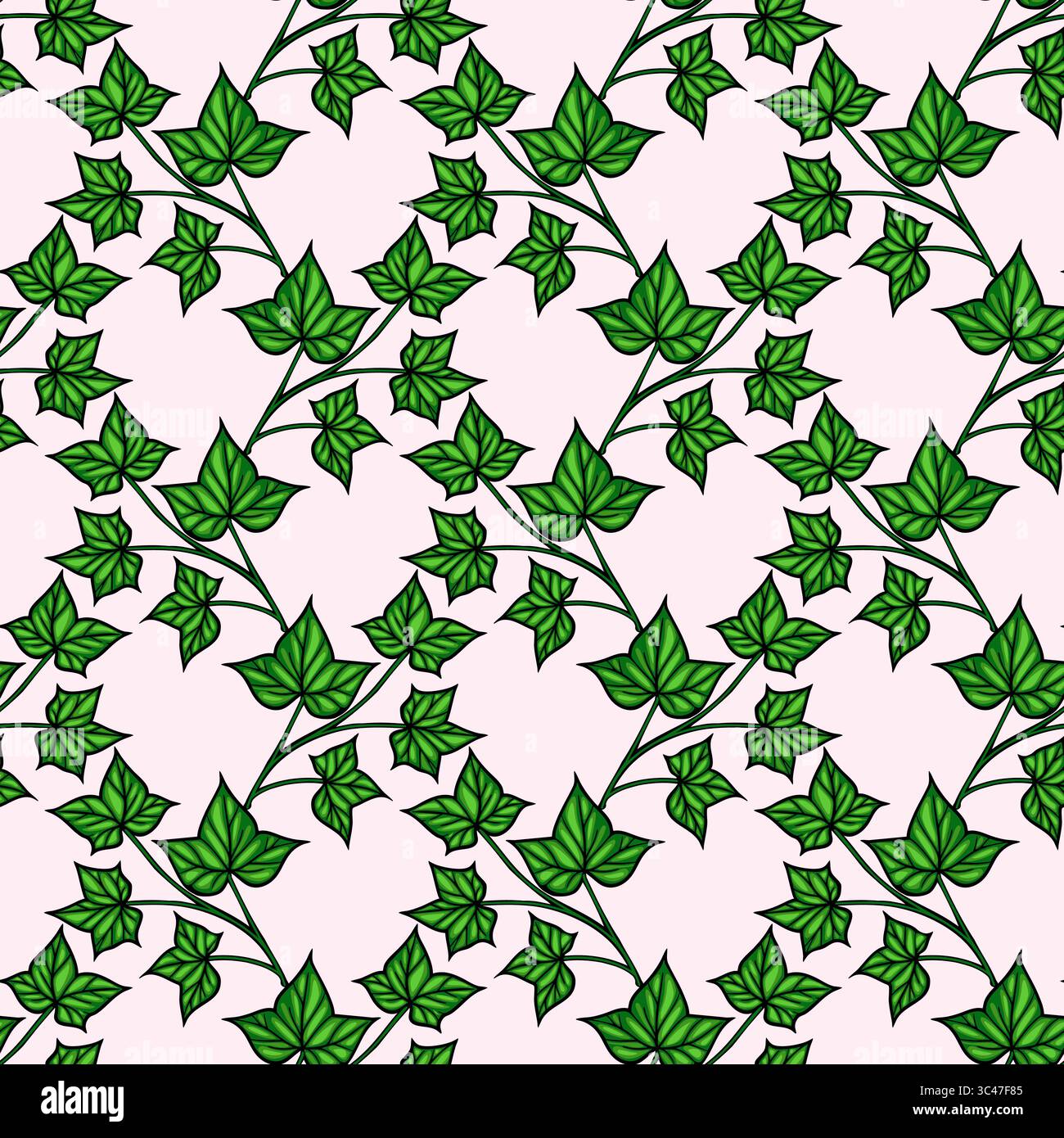 Un motif sans couture vectoriel avec des feuilles de lierre vertes sur un fond rose doux. La conception présente une variété de formes et de tailles de feuilles de lierre, créant Illustration de Vecteur