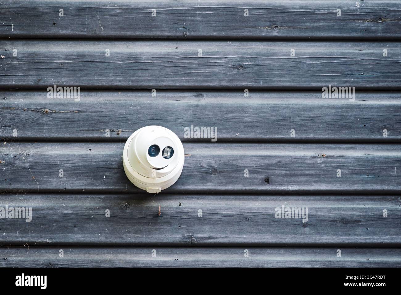 Caméra de sécurité sur un mur en bois. Concept de surveillance et de protection. Banque D'Images