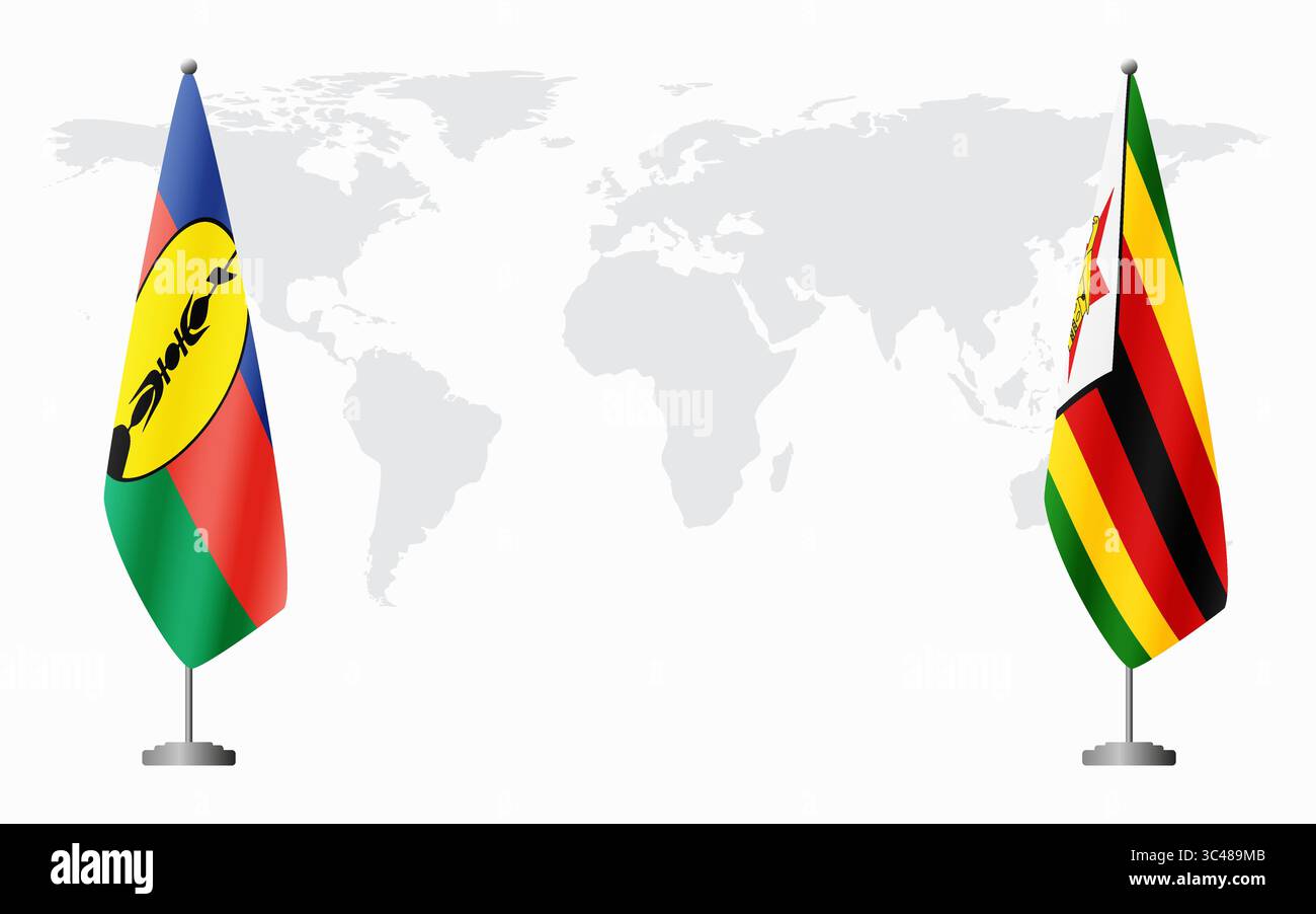 Drapeaux de la Nouvelle-Calédonie et du Zimbabwe pour la réunion officielle sur fond de carte du monde. Illustration de Vecteur