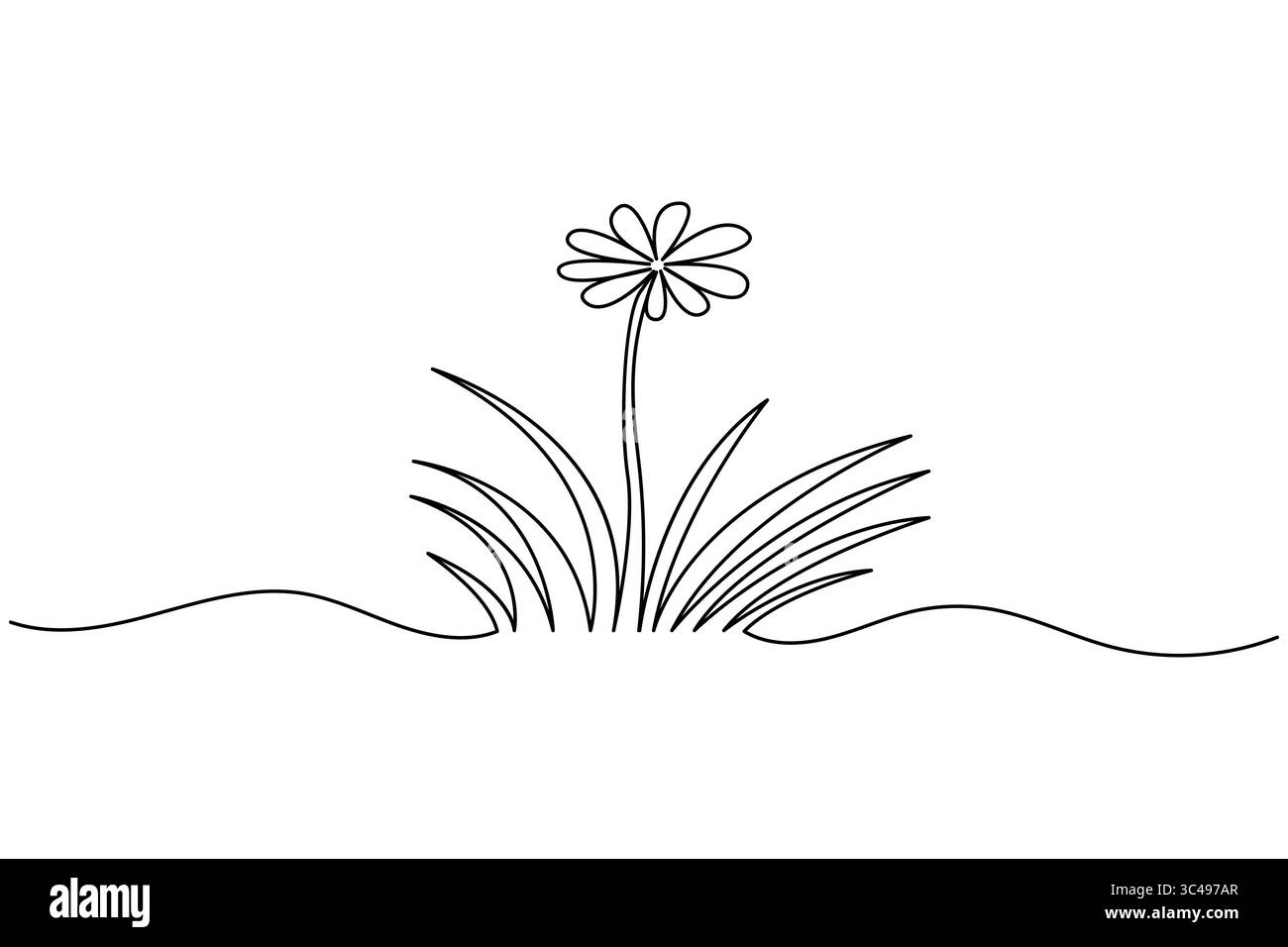 Dessin continu d'une ligne de prairie abstraite avec herbe et fleur de camomille sur fond blanc Illustration de Vecteur