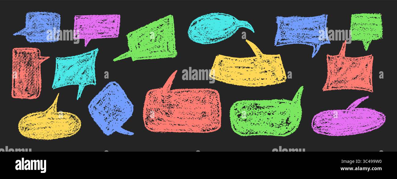 Ensemble vectoriel de bulles de parole colorées excentriques et de nuages sur bg noir. Style squiggle de cire et de charbon de bois sur fond de tableau noir, parfait pour l'école ou Illustration de Vecteur