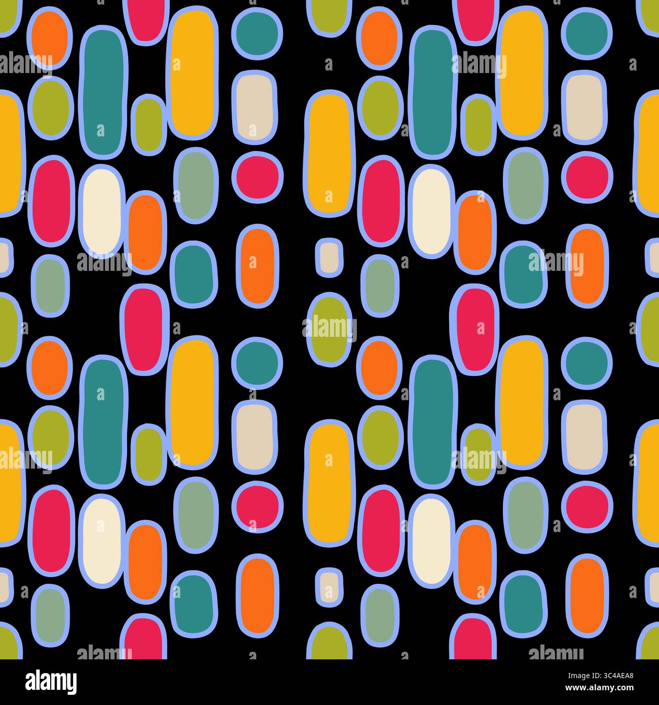 Un motif abstrait dynamique vectoriel avec des formes ovales et rectangulaires colorées de différentes tailles, placées sur un fond noir. Les couleurs incluent Illustration de Vecteur