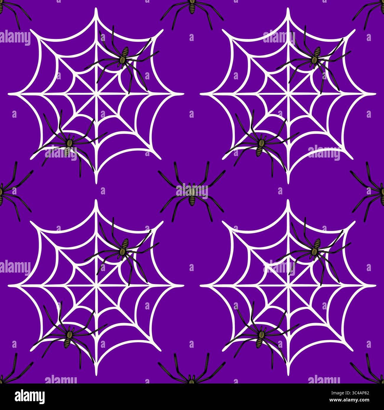 Motif vectoriel sans couture de toiles d'araignée et d'araignées d'Halloween sur un fond violet profond, avec des illustrations détaillées d'araignée et une conception géométrique de Web Illustration de Vecteur