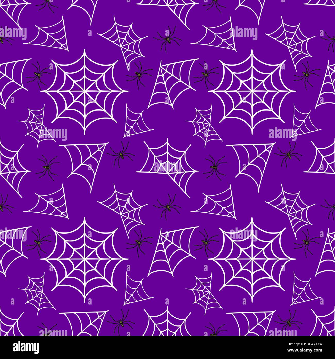 Motif d'Halloween vectoriel sans couture avec des toiles d'araignées blanches et des araignées noires sur un fond violet vibrant, idéal pour des motifs à thème effrayant et festif Illustration de Vecteur