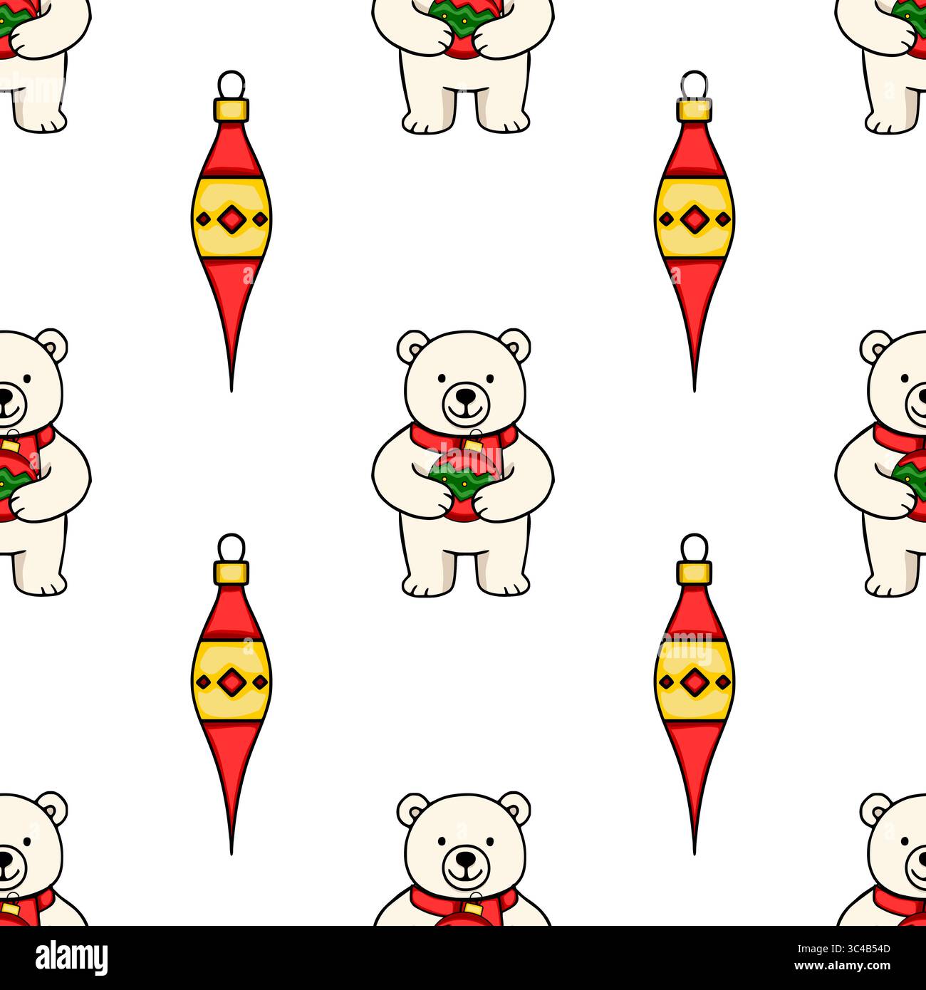 Modèle vectoriel sans couture avec des ours polaires adorables dans des foulards rouges tenant des ornements de Noël et des décorations stylisées d'arbre de Noël rouge et or Illustration de Vecteur