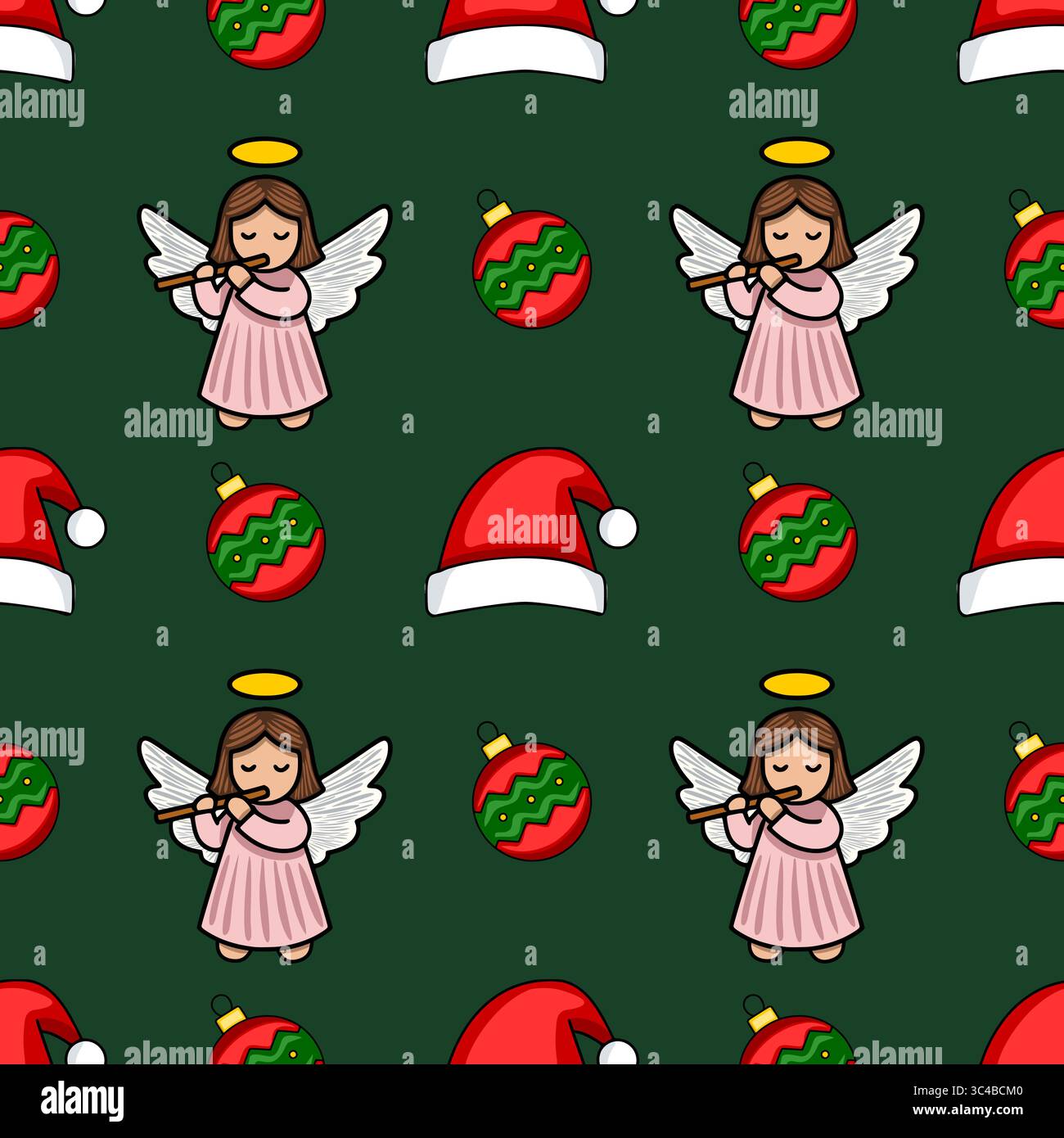 Motif de Noël vectoriel sans couture avec des anges adorables jouant des flûtes, des boules festives et des chapeaux de Père Noël sur un fond vert foncé, créant un cha Illustration de Vecteur