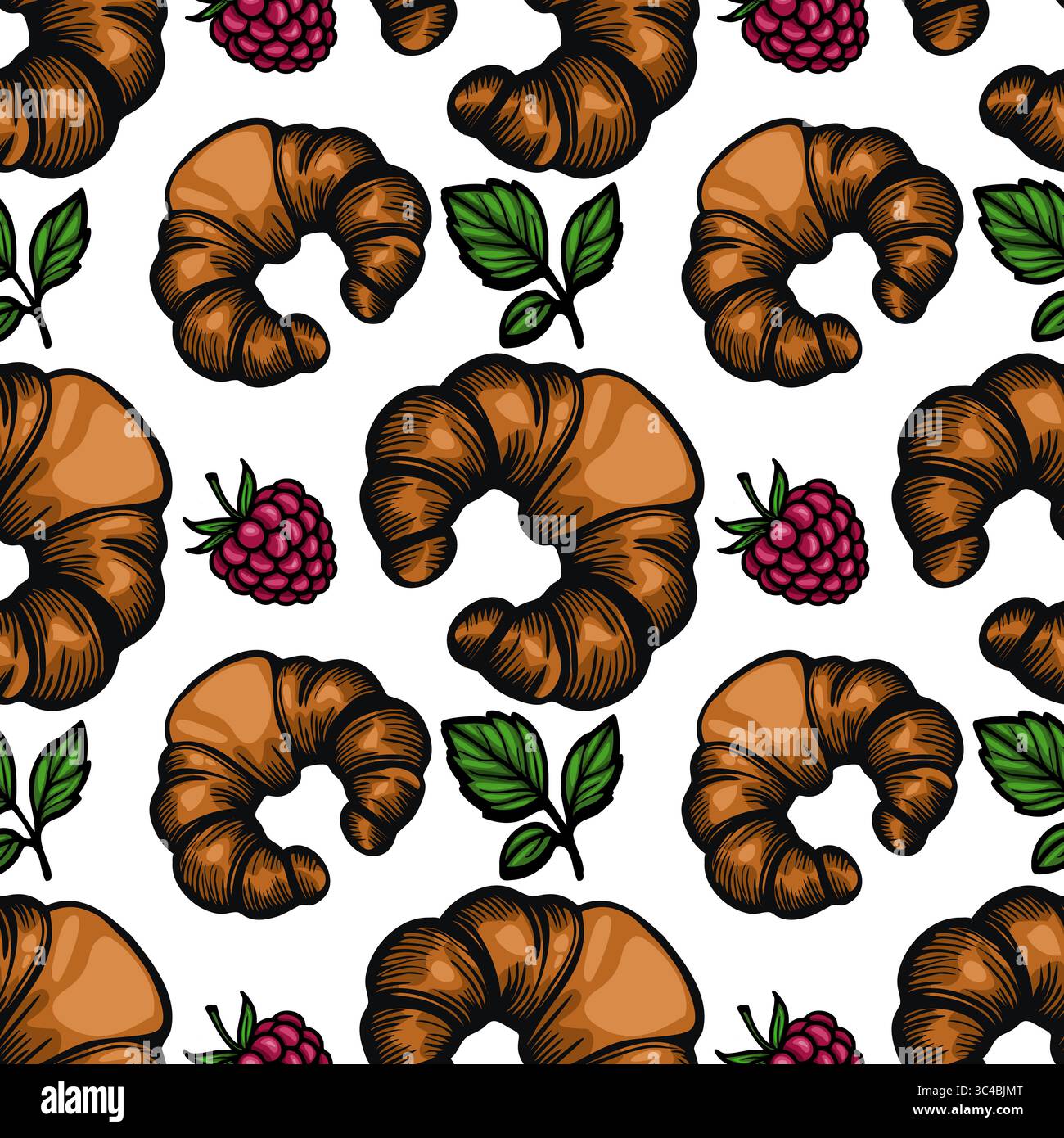 Un motif vectoriel sans couture avec des croissants et des framboises, avec des feuilles vertes. Les croissants sont dorés et feuilletés, tandis que les framboises ont Illustration de Vecteur