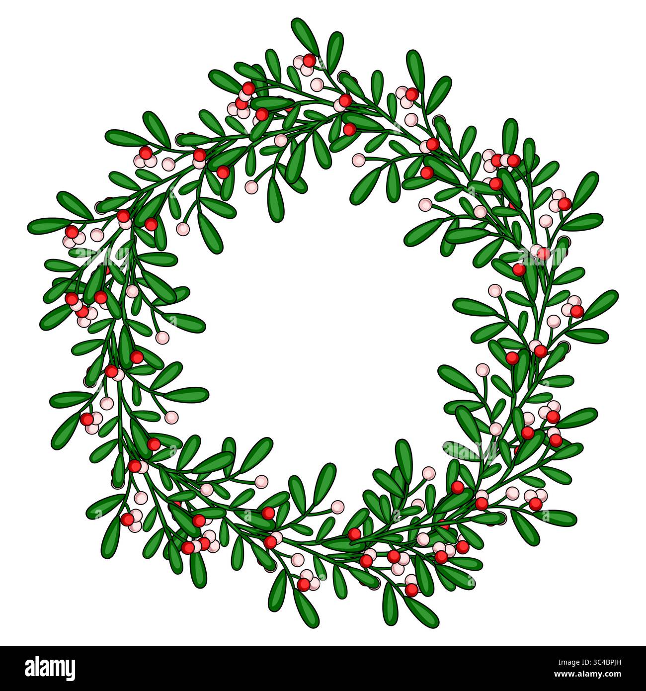 Conception de couronne vectorielle de Noël festive avec branches de gui avec baies rouges et roses, parfait pour les cartes de vacances, les invitations et de saison Illustration de Vecteur