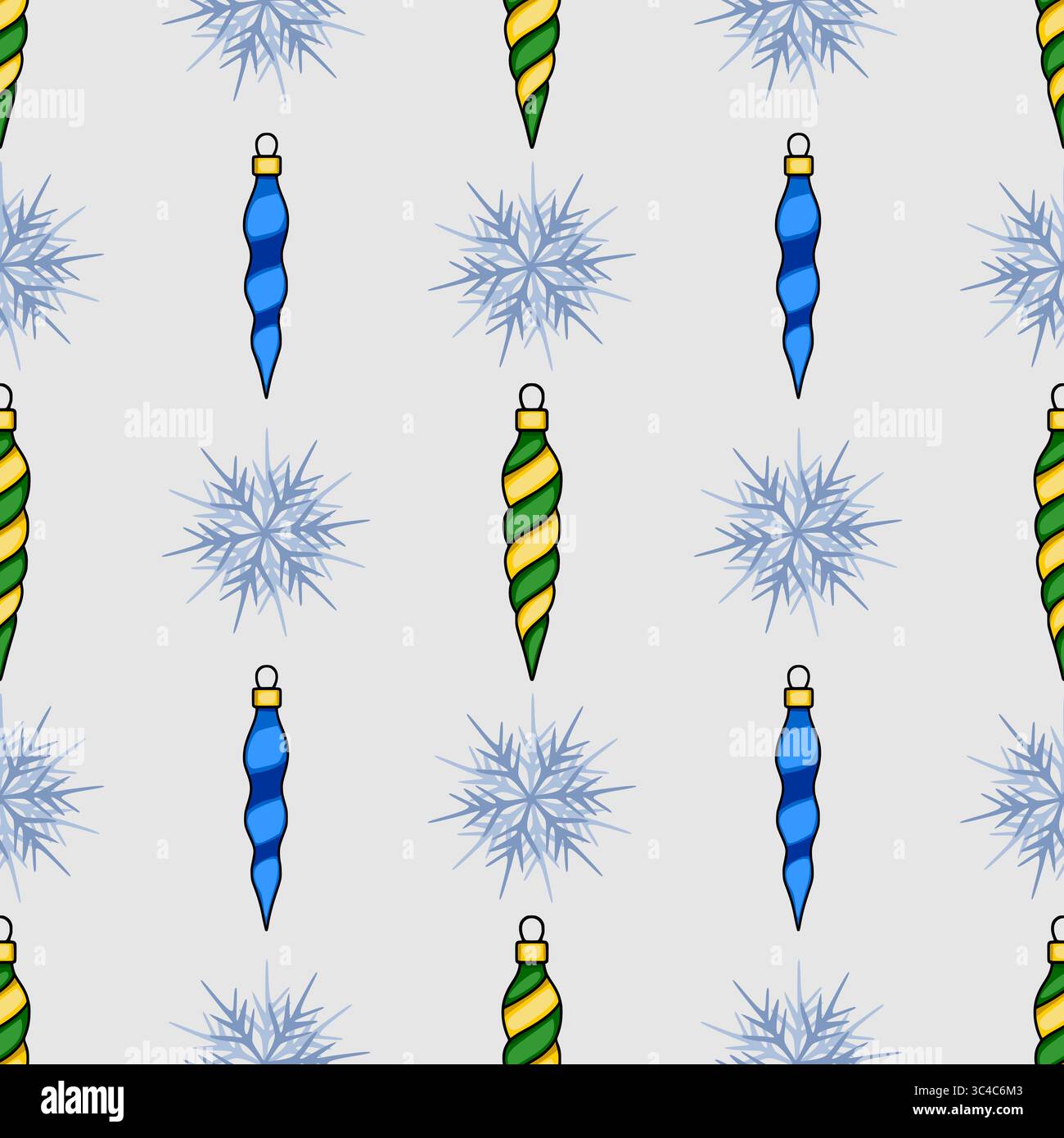 Motif de Noël vectoriel sans couture avec des ornements en spirale bleus et verts stylisés et des flocons de neige délicats sur un fond gris clair, parfait pour f Illustration de Vecteur