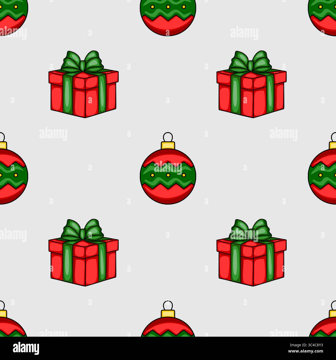 Motif de Noël vectoriel sans couture avec boîtes cadeaux rouges stylisées avec des noeuds verts et des boules de Noël rouges et vertes, créant un festif et playfu Illustration de Vecteur