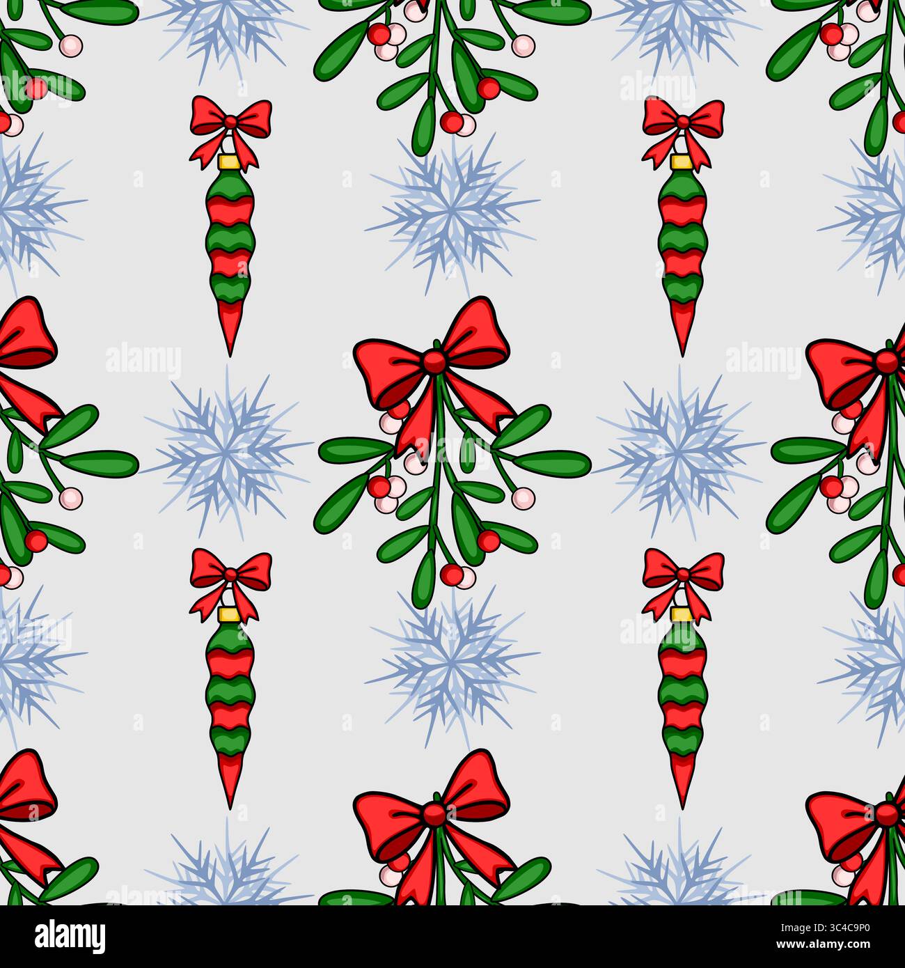 Motif de Noël vectoriel sans couture avec des brins de gui avec des noeuds rouges, des ornements de Noël rayés et des flocons de neige délicats sur un dos gris clair Illustration de Vecteur