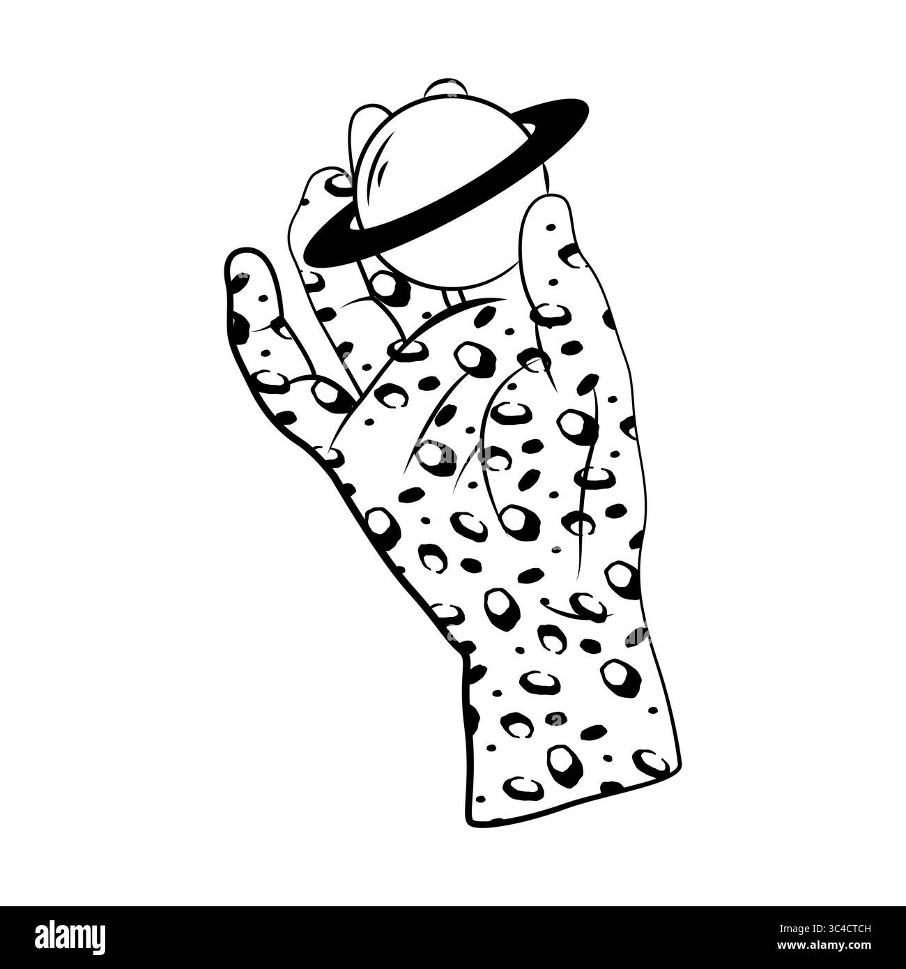 Main psychédélique tenant la planète Saturne. Vecteur pointillé palmier cosmique saisissant la sphère céleste. Imagination et mystique visionnaire, fantaisie cosmique et symbole de perception altérée. Cosmos et univers Illustration de Vecteur