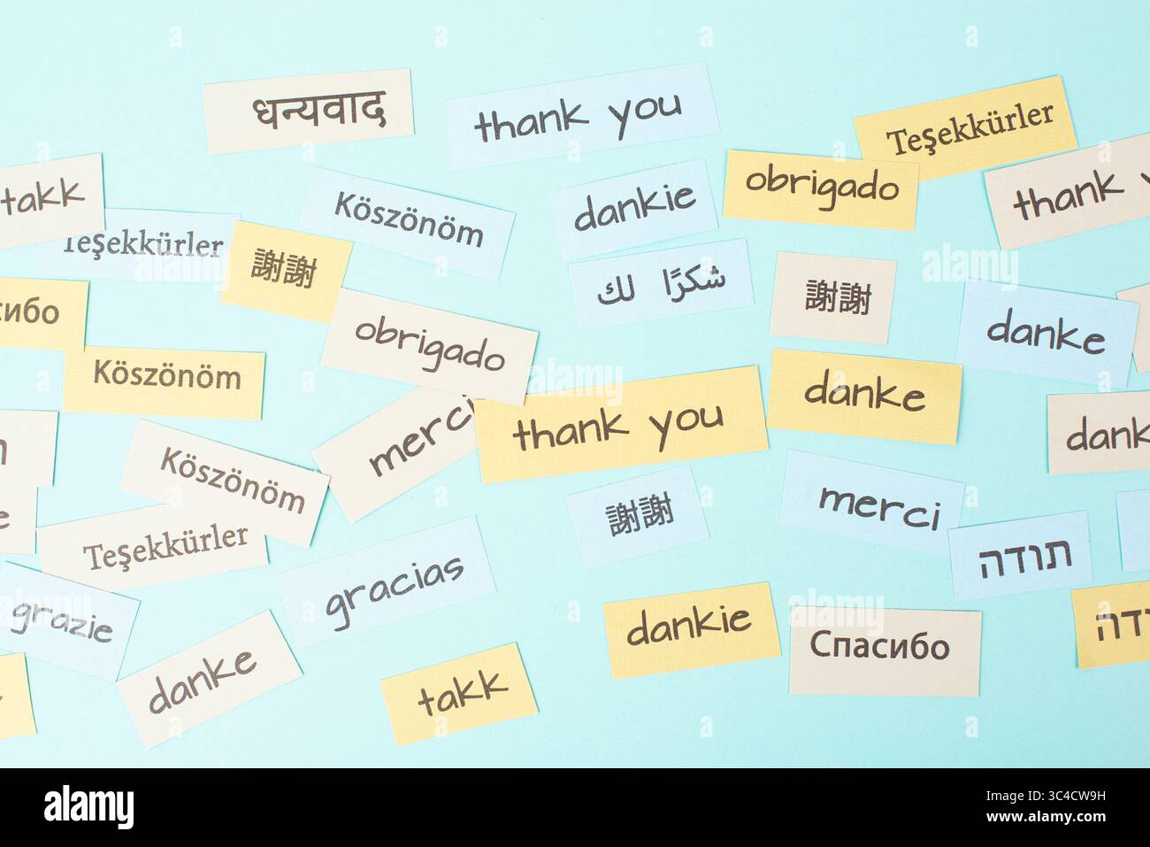 Jour de remerciement, mot Merci dans différentes langues, être reconnaissant, soutien, aide et concept de charité Banque D'Images