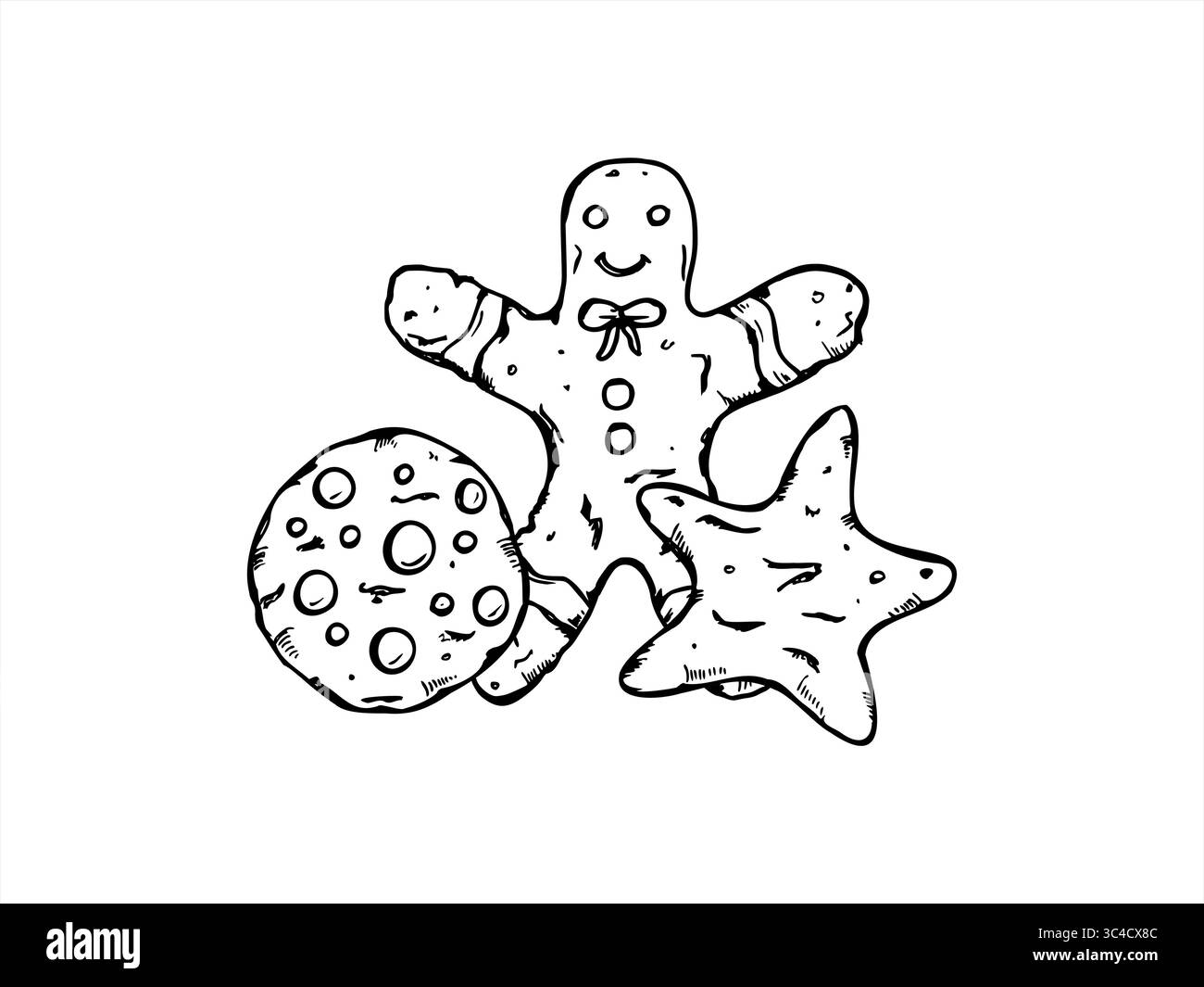 Cookies de Noël noir et blanc illustration isolée vectorielle. Homme monochrome en pain d'épices, biscuits en étoile et formes rondes gravant dessin. Illustration de Vecteur