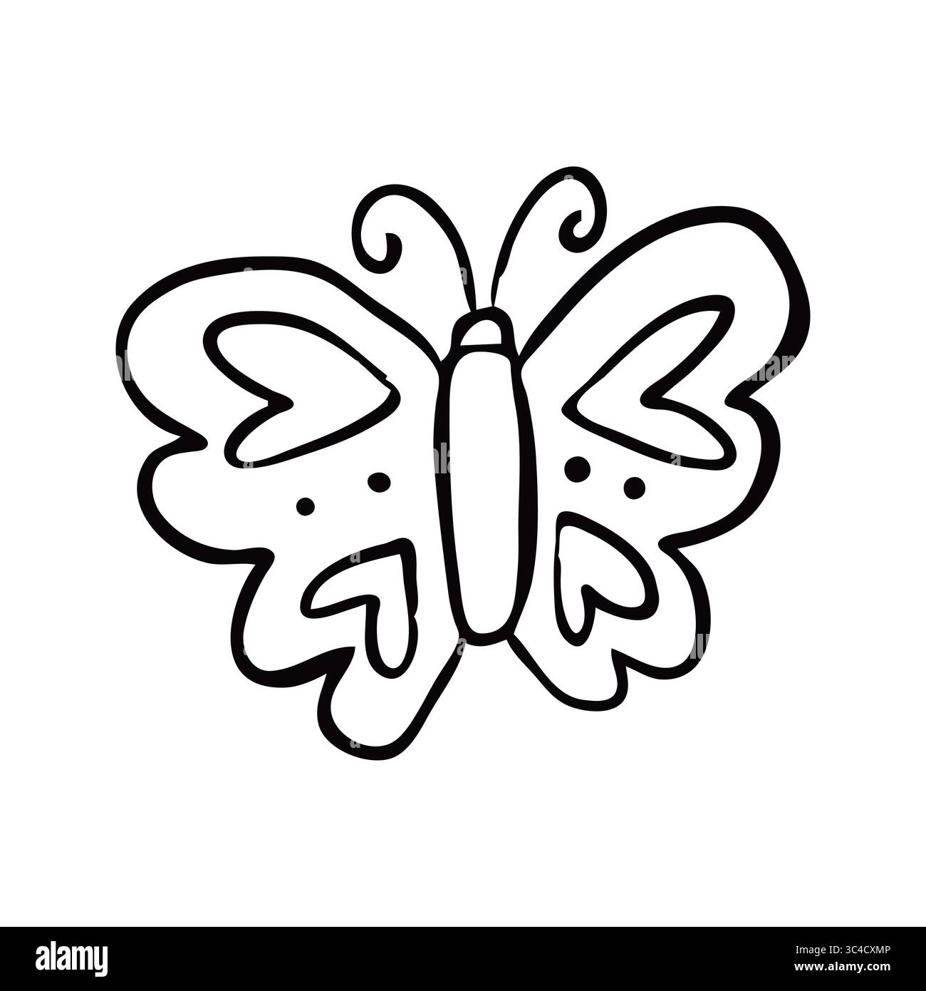 Dessin à l'encre d'un papillon avec des motifs décoratifs comprenant des coeurs sur ses ailes. Convient pour les œuvres d'art des enfants, les activités de coloriage ou les projets de conception Illustration de Vecteur