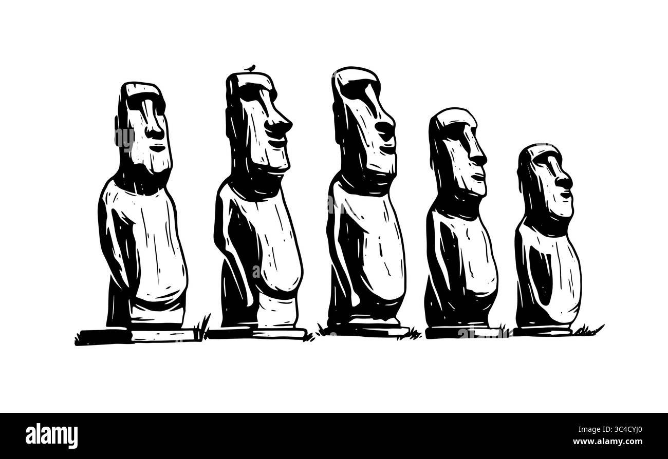 Moai, statues monolithiques en pierre sur l'île de Pâques dans l'océan Pacifique. Formes isolées sur fond blanc, illustration vectorielle Illustration de Vecteur