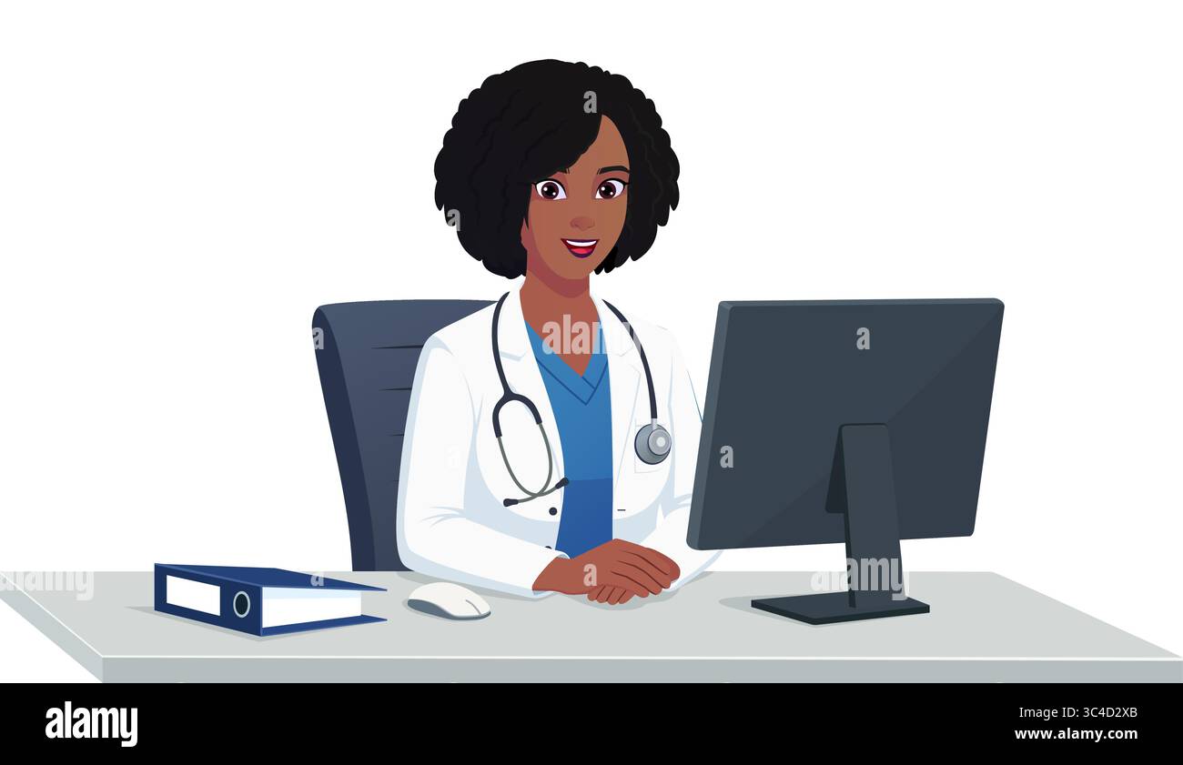 Black Female Doctor Character Consulting dans son illustration vectorielle Office Illustration de Vecteur