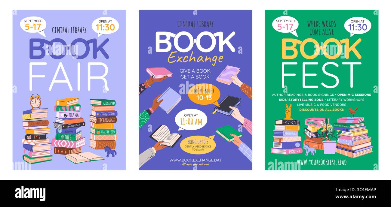 Ensemble de Foire du livre, Festival, affiches d'échange de livres. Illustration de Vecteur