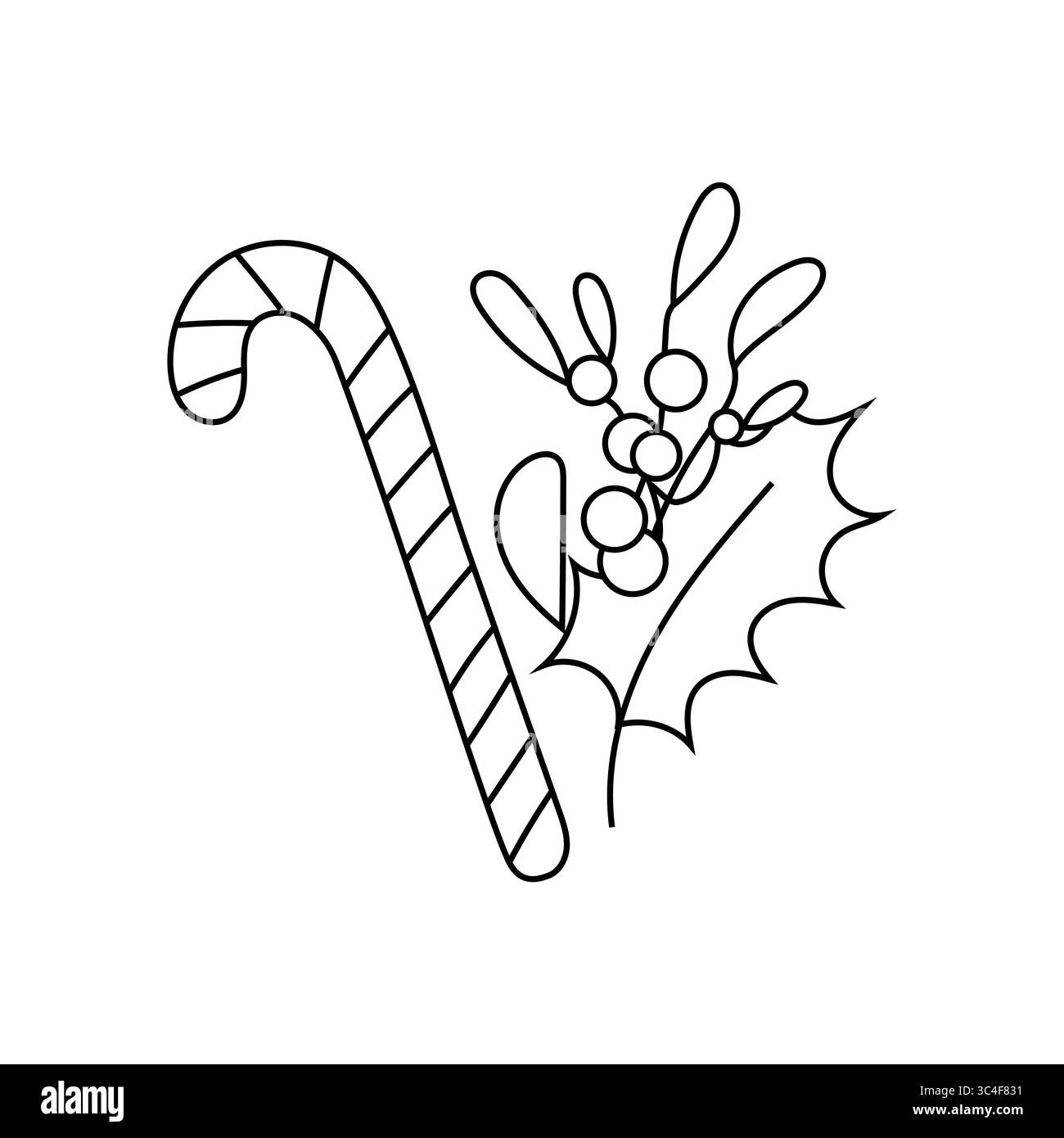 Contour de canne de bonbon. Dessin de feuille de houx. Croquis de gâterie de Noël. Élément vecteur festif. Illustration de Vecteur