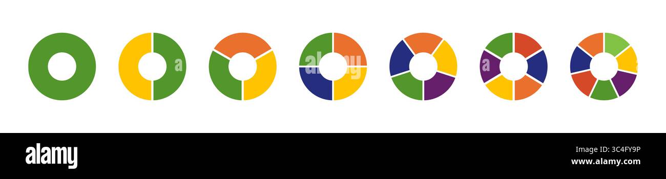 Infographie de diagrammes multicolores. Graphique de section circulaire. Roues divisées en sections. Cartes donut multicolores, tartes segmentées sur de 1 à 7 égales Illustration de Vecteur
