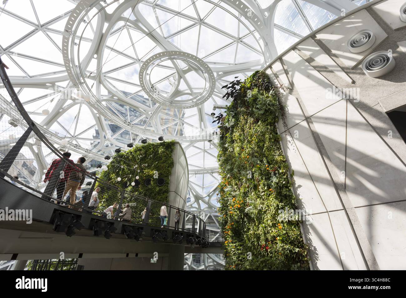 Septembre 1, 2018 - Seattle, Washington, États-Unis - Seattle, Washington : vue de l'atrium principal et du mur vivant aux sphères sur le campus urbain amazonien. Les structures géodésiques abritent des bureaux, des commerces et un jardin botanique dans le quartier de Belltown. Le bâtiment est ouvert au public sur réservation deux samedis par mois. (Crédit image : © Paul Christian Gordon/ZUMA Wire) Banque D'Images