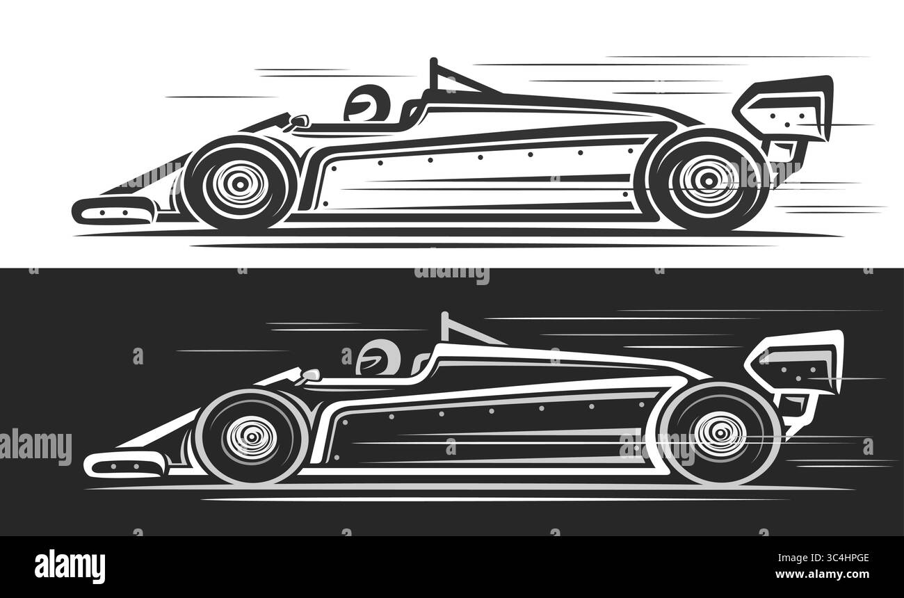 Logo vectoriel pour voiture de course Indy, bannière automobile avec illustration monochrome dessinée à la main de voiture concept indy en mouvement, clipart d'illustration de course fo Illustration de Vecteur